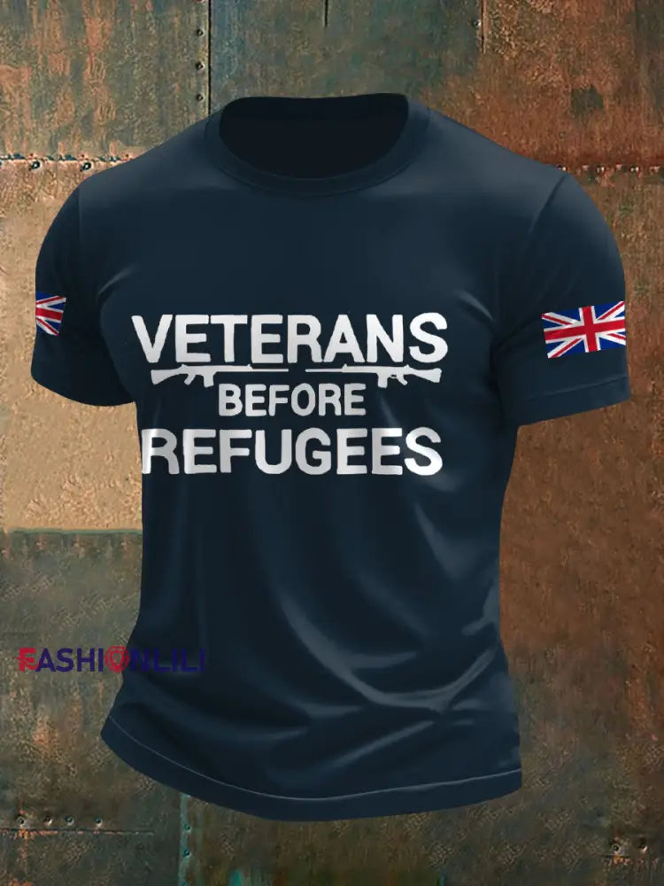 Men’s UK Flag Veterans Before Refugees Printed T-shirt Navy Blue / S