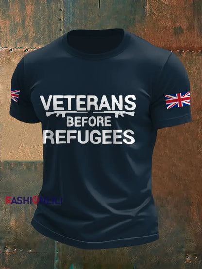 Men’s UK Flag Veterans Before Refugees Printed T-shirt Navy Blue / S
