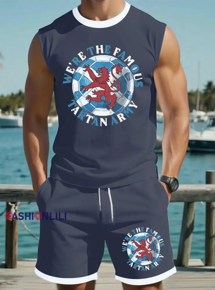 Men’s UK Football Lover Scotland Printed vest set Navy Blue / S