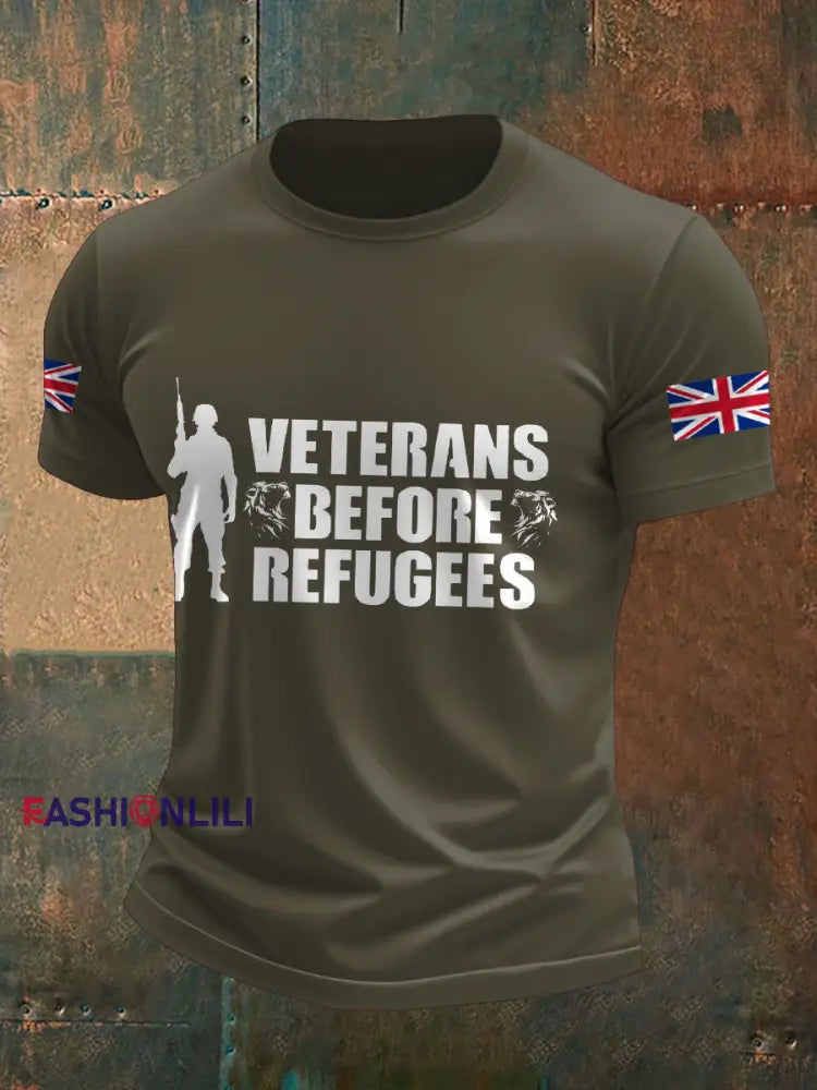 Men’s UK Immigration Veterans Before Refugees Printed T-shirt Army Green / S