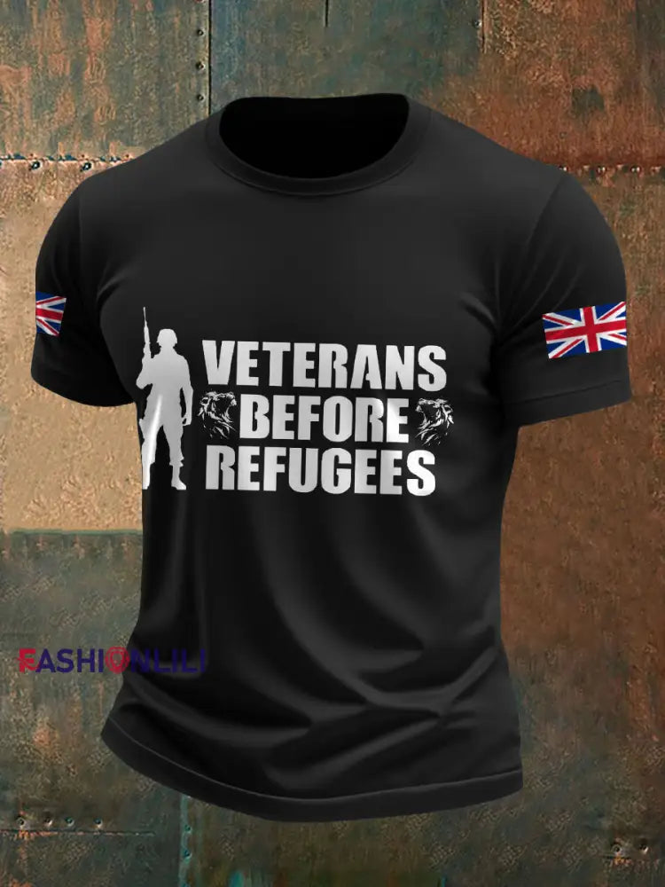 Men’s UK Immigration Veterans Before Refugees Printed T-shirt Black / S