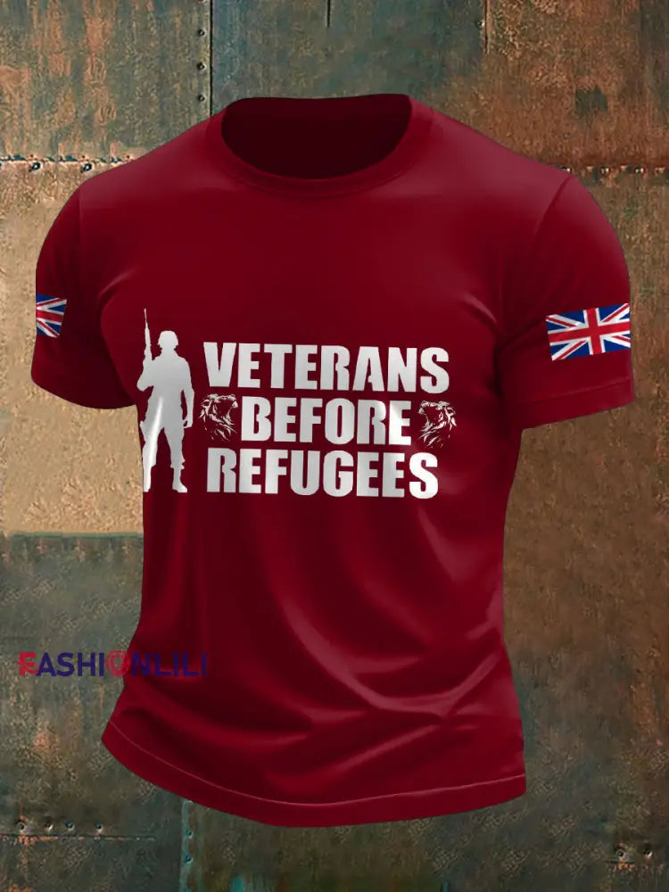 Men’s UK Immigration Veterans Before Refugees Printed T-shirt Deep Red / S