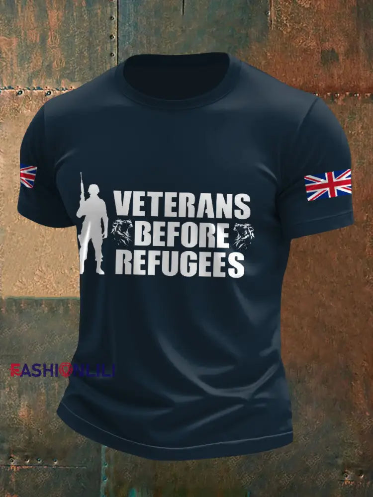 Men’s UK Immigration Veterans Before Refugees Printed T-shirt Navy Blue / S