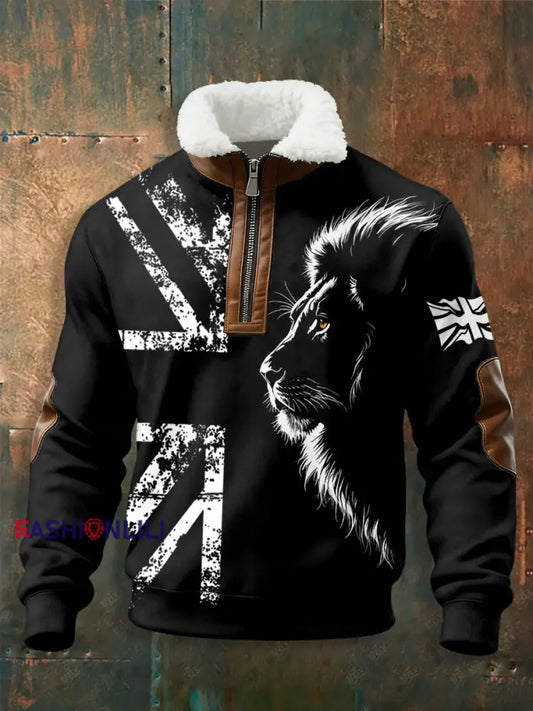 Men’s UK Lion Flag Print zip-up hoodie Black / S