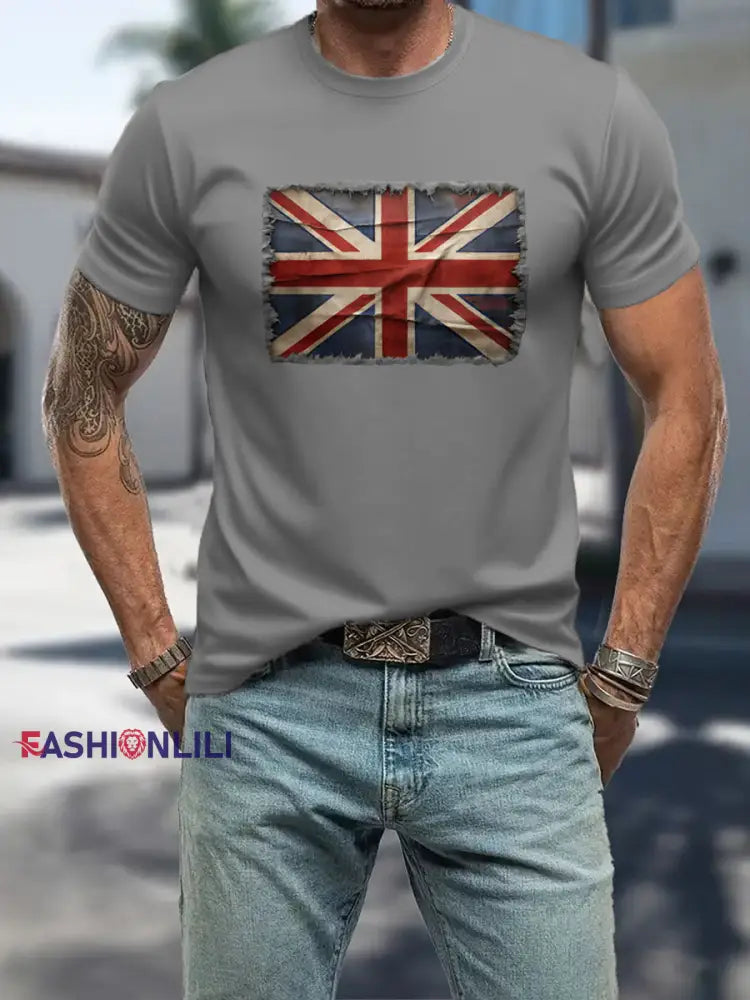 Men’s UK Patriotic Flag Printed T-shirt Light Gray / S
