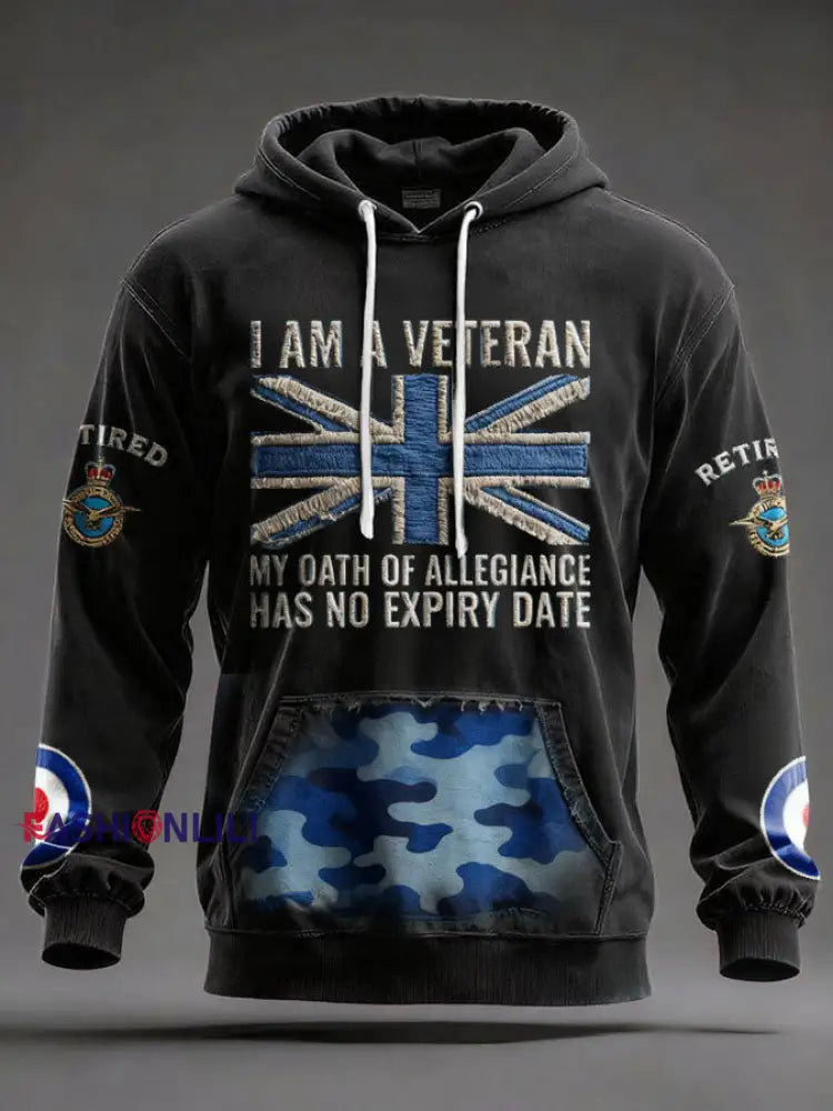 Men’s UK Retired Veteran Printed Hoodie Black / S