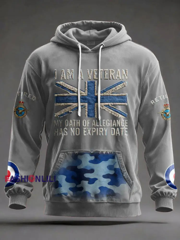 Men’s UK Retired Veteran Printed Hoodie Light Gray / S