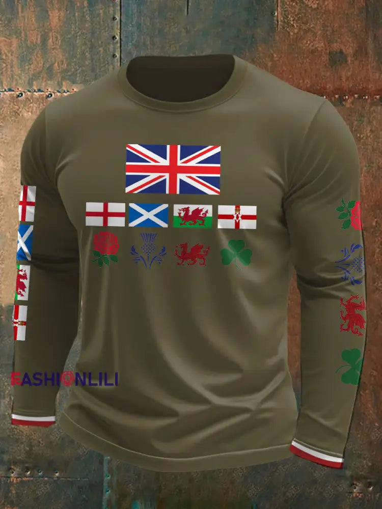 Men’s UK Scotland England Northern Ireland Wales Flag Art Printed T shirt Army Green / S