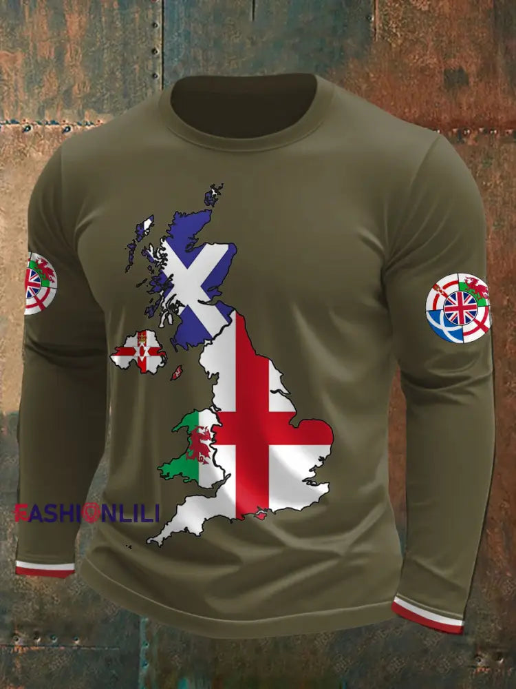 Men’s UK Scotland England Northern Ireland Wales Flag Art Printed T shirt Army Green / S