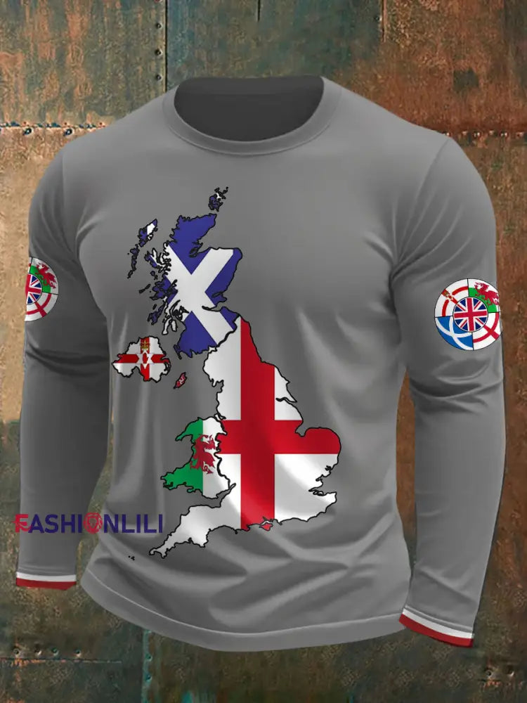 Men’s UK Scotland England Northern Ireland Wales Flag Art Printed T shirt Light Gray / S