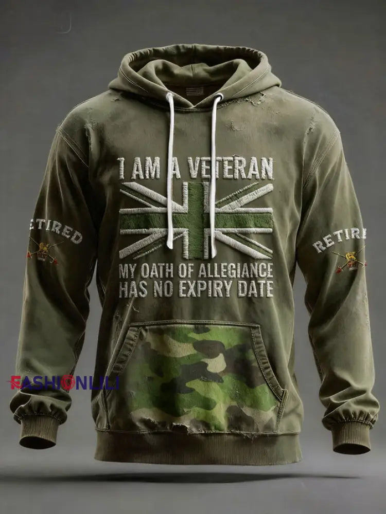Men’s UK Veteran Printed Hoodie Army Green / S