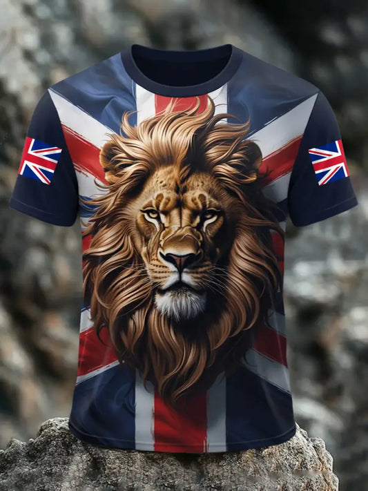 Men’s Union Jack Lion Print Casual Tee Navy Blue / S