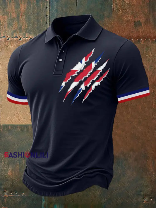 Men’s Union Jack Print Casual Polo Shirt Dark Blue / S