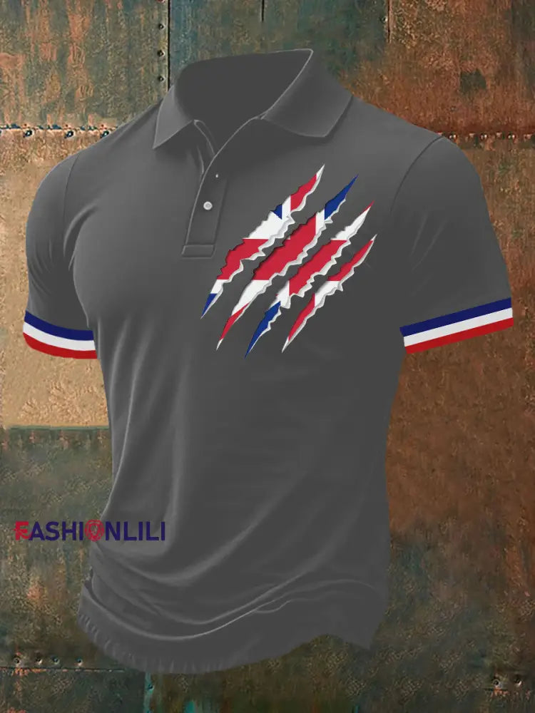 Men’s Union Jack Print Casual Polo Shirt Gray / S