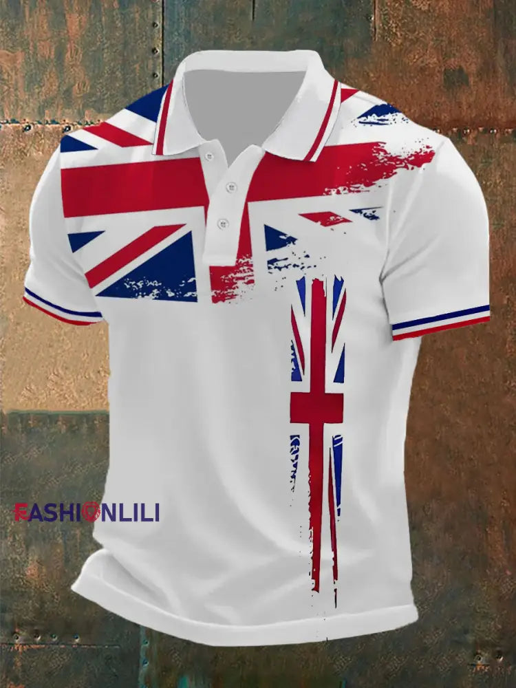 Men’s Union Jack Print Casual Polo Shirt White / S