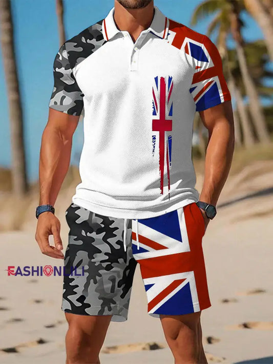 Men’s Union Jack Print Polo Set White / S