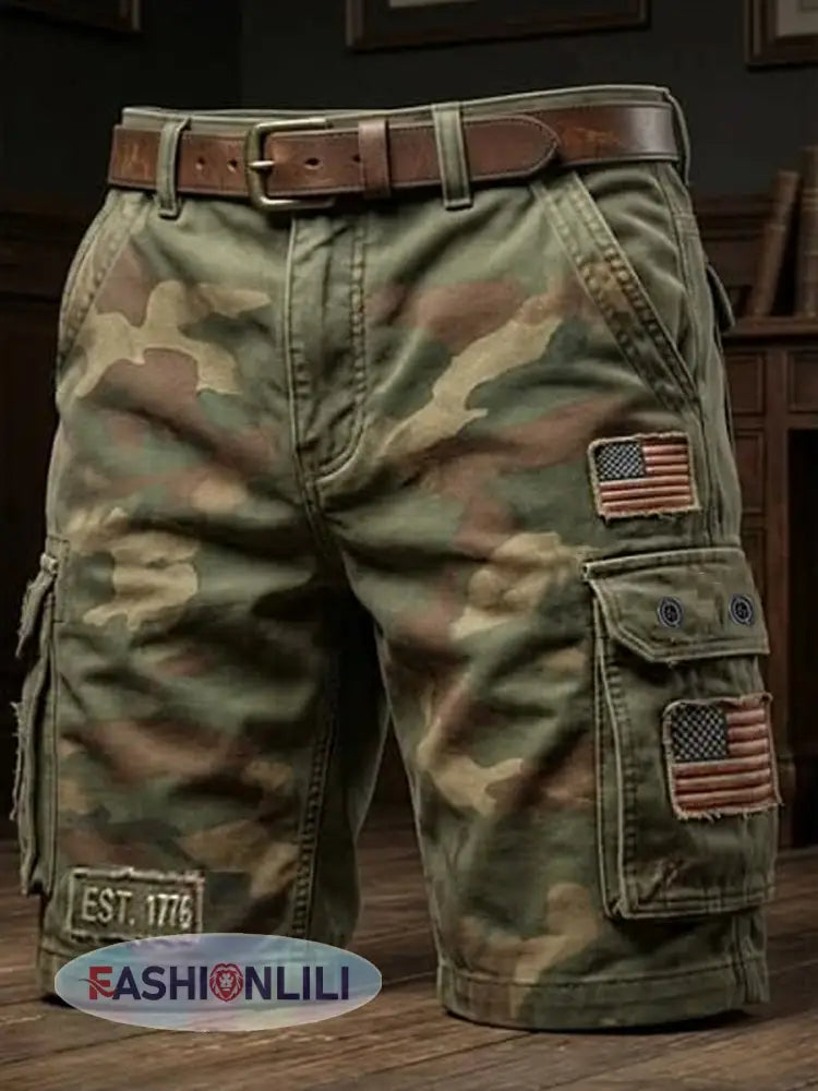 Men’s USA Flag Camouflage Print Casual Cargo Shorts - Army Green / S