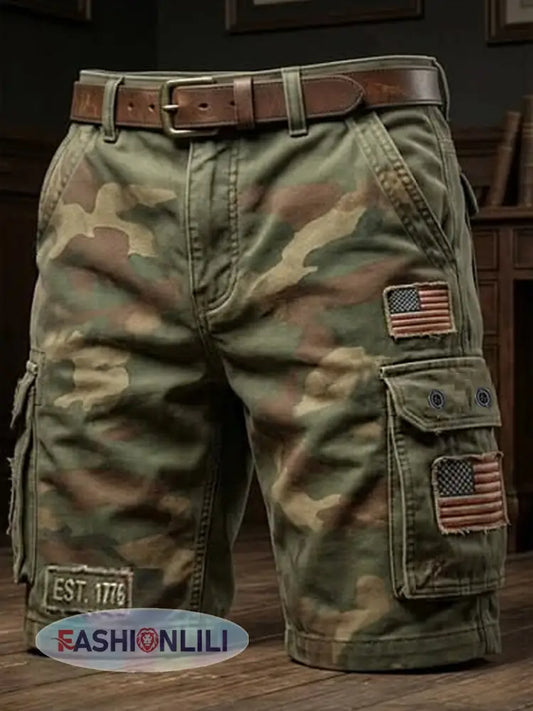 Men’s USA Flag Camouflage Print Casual Cargo Shorts - Army Green / S