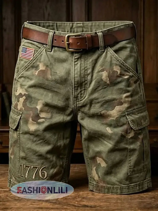 Men’s USA Flag Camouflage Print Casual Cargo Shorts - Army Green / S