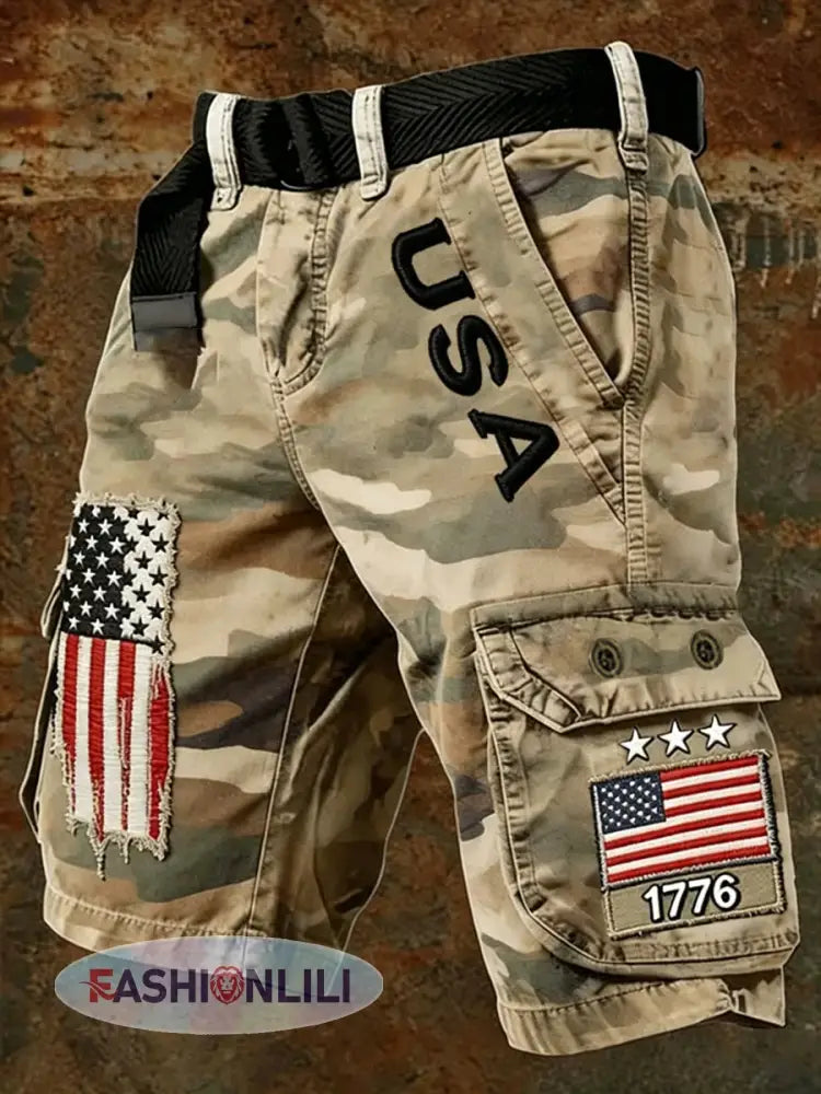 Men’s USA Flag Camouflage Print Casual Cargo Shorts - Khaki / S
