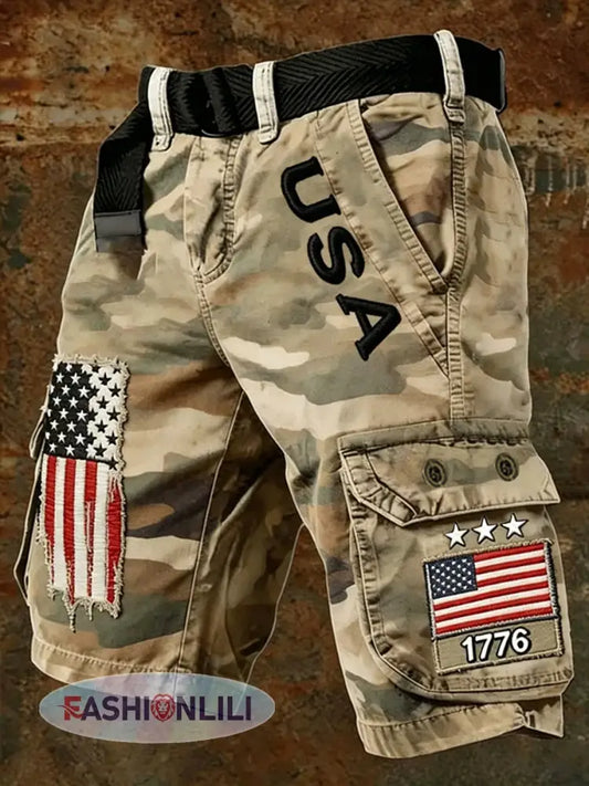 Men’s USA Flag Camouflage Print Casual Cargo Shorts - Khaki / S