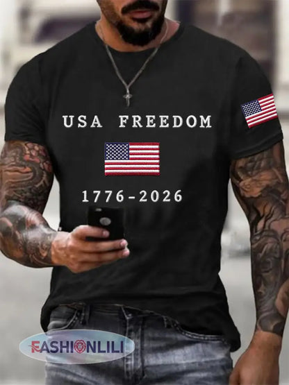 Men’s USA Freedom American Flag Print Casual Independence Day Patriotic Tee - Black / S