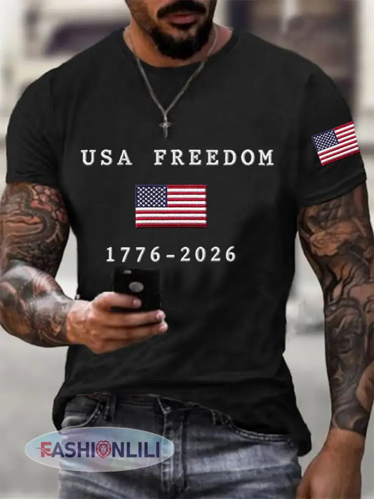 Men’s USA Freedom American Flag Print Casual Independence Day Patriotic Tee - Black / S