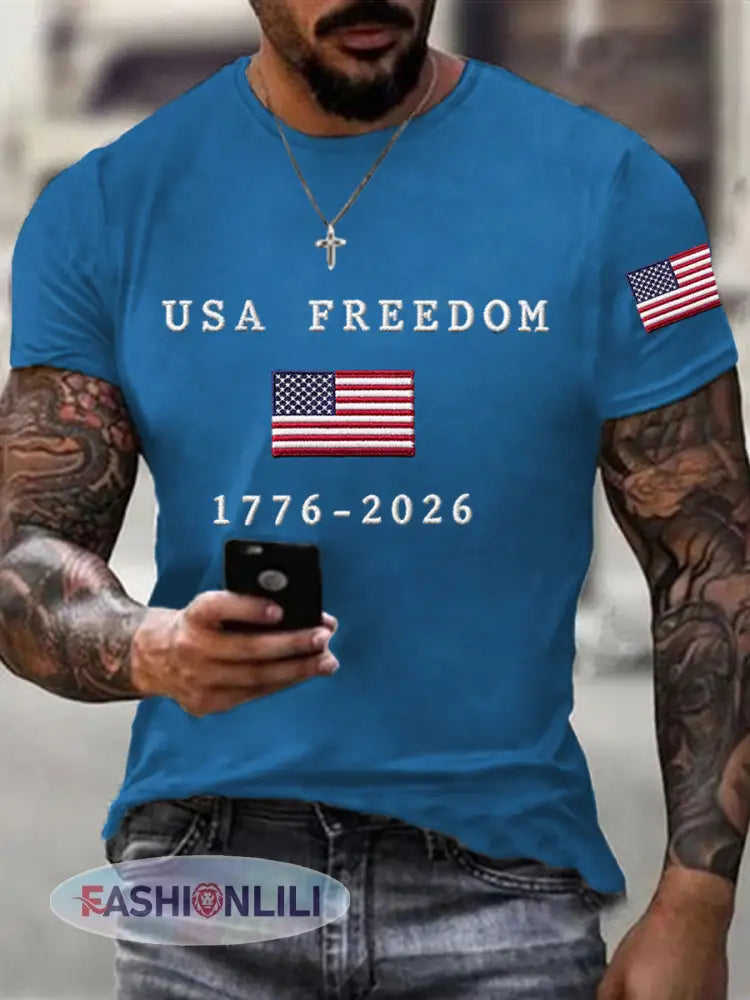 Men’s USA Freedom American Flag Print Casual Independence Day Patriotic Tee - Blue / S