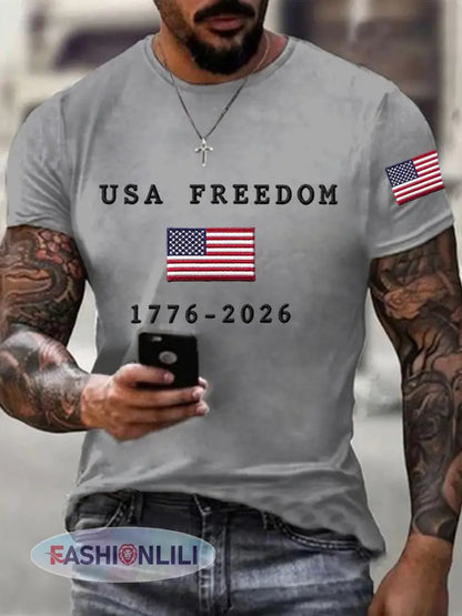 Men’s USA Freedom American Flag Print Casual Independence Day Patriotic Tee - Light Gray / S