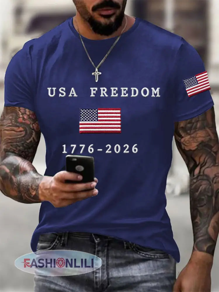 Men’s USA Freedom American Flag Print Casual Independence Day Patriotic Tee - Navy Blue / S