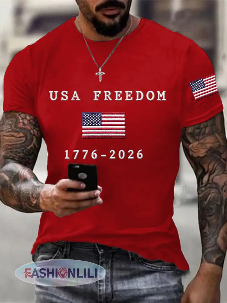 Men’s USA Freedom American Flag Print Casual Independence Day Patriotic Tee - Pure Red / S