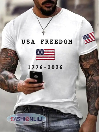 Men’s USA Freedom American Flag Print Casual Independence Day Patriotic Tee - White / S