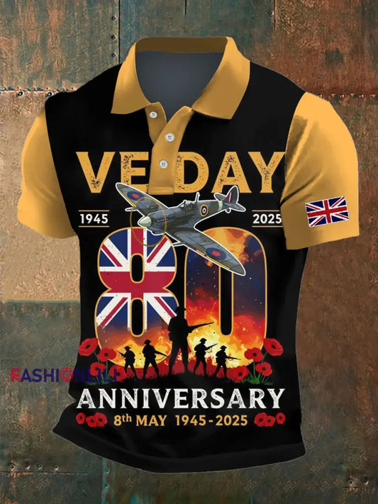 Men’s VE DAY Print Polo Neck Plunger Short Sleeve T-Shirt Black / S