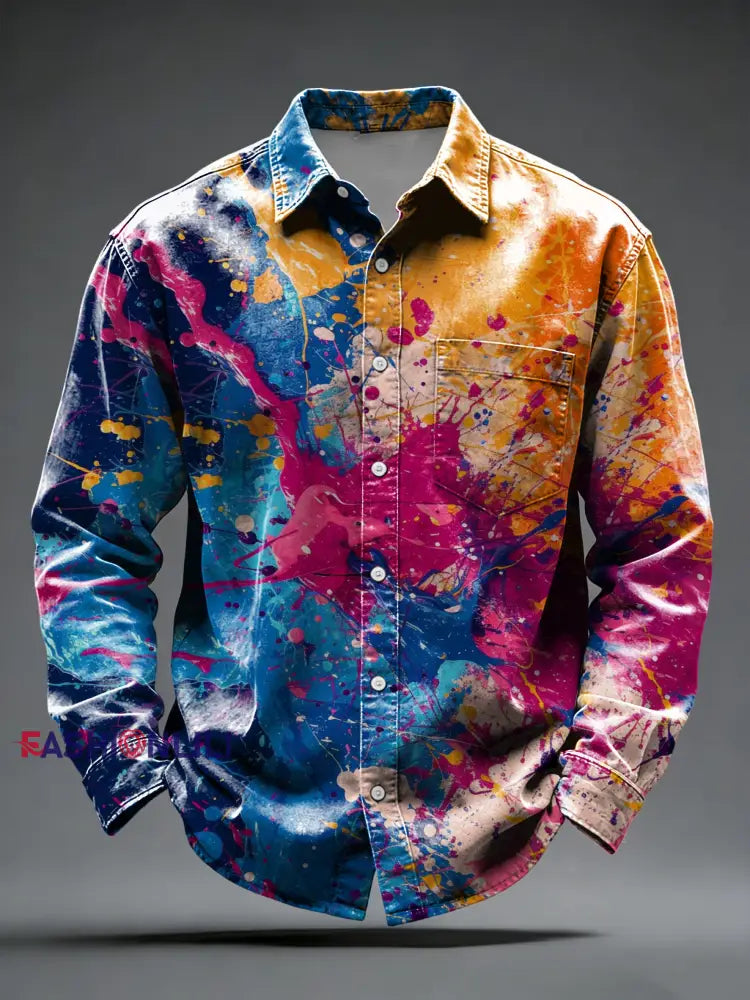 Men’s Vibrant Color-Block Paint Splatter Button-Down Shirt Multicolour / S