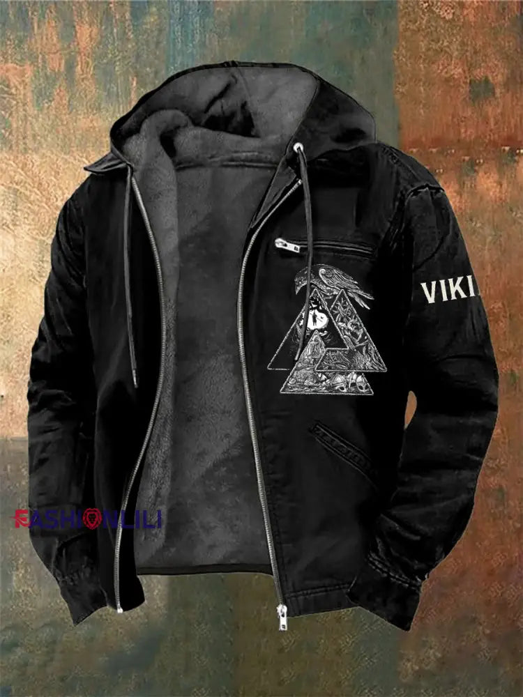 Men’s Viking Printed Long Sleeved Hooded Jacket Black / S