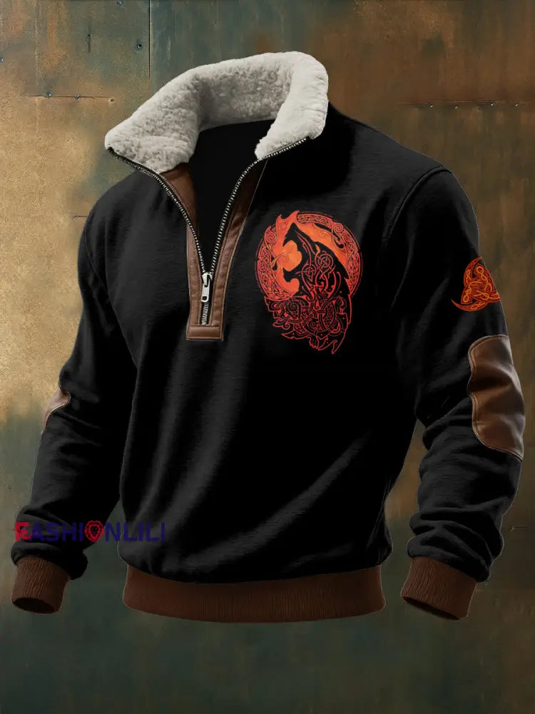 Men’s Viking Printed Long Sleeved Stand Up Collar Lambhair Zipper Top Black / S