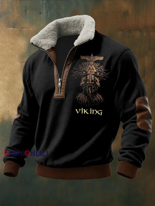Men’s Viking Printed Long Sleeved Stand Up Collar Lambhair Zipper Top Black / S
