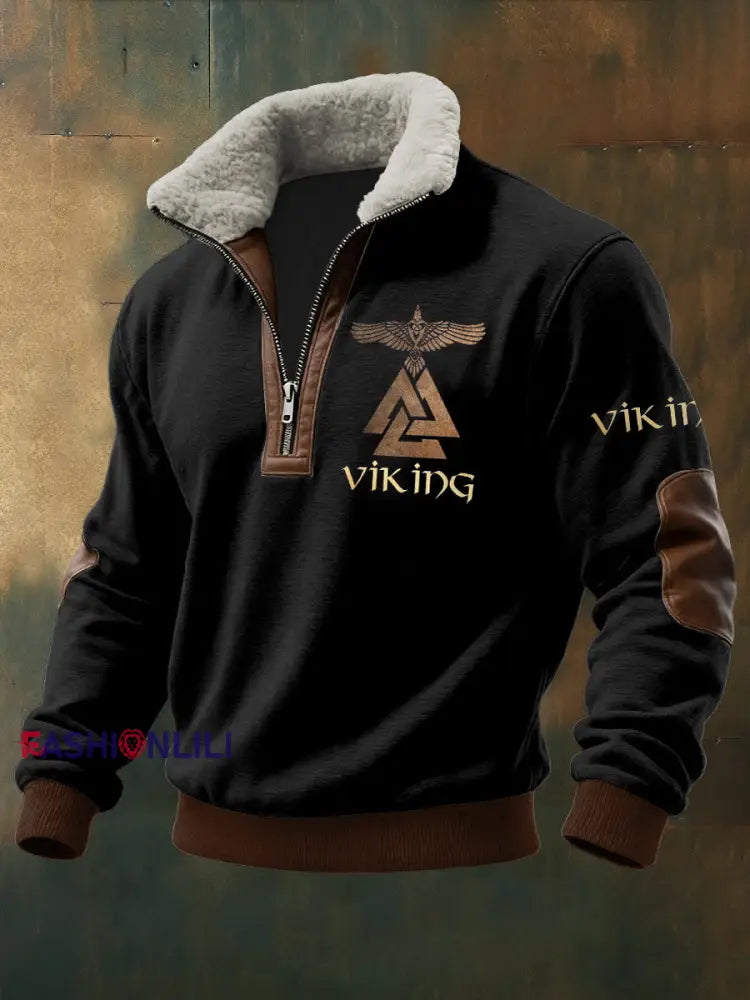 Men’s Viking Printed Long Sleeved Stand Up Collar Lambhair Zipper Top Black / S