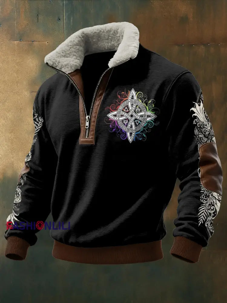 Men’s Viking Printed Long Sleeved Stand Up Collar Lambhair Zipper Top Black / S