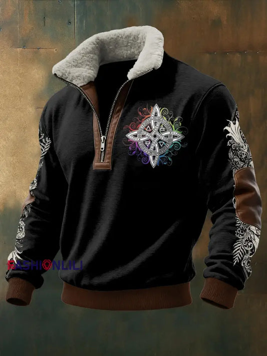 Men’s Viking Printed Long Sleeved Stand Up Collar Lambhair Zipper Top Black / S