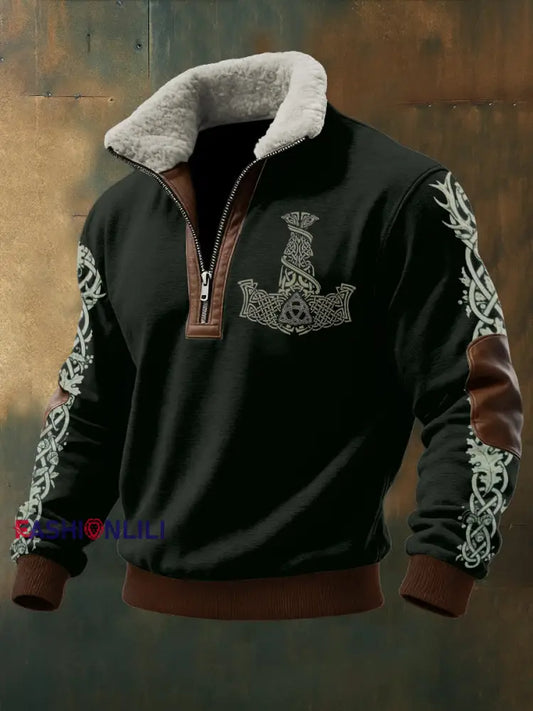 Men’s Viking Printed Long Sleeved Stand Up Collar Lambhair Zipper Top Black / S