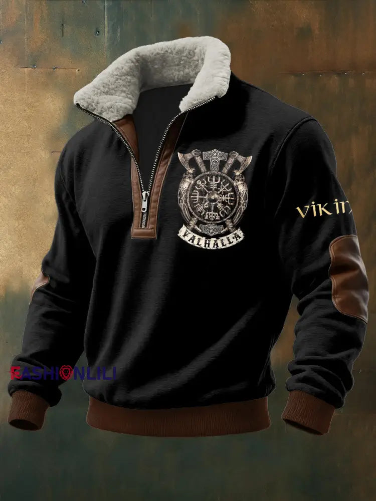 Men’s Viking Printed Long Sleeved Stand Up Collar Lambhair Zipper Top Black / S