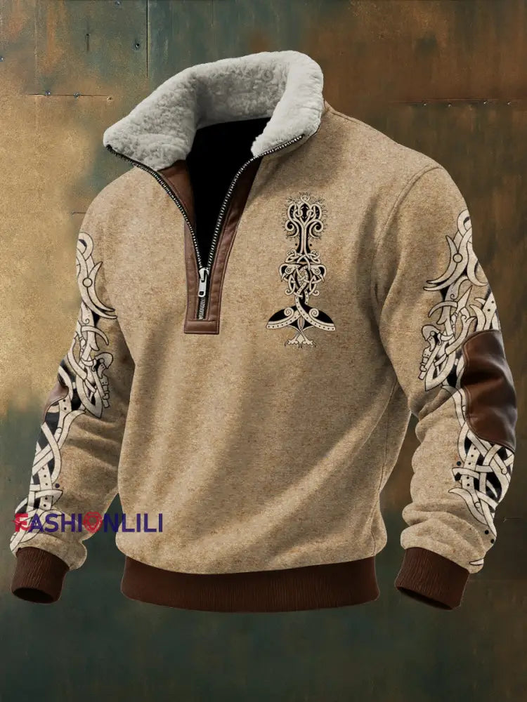 Men’s Viking Printed Long Sleeved Stand Up Collar Lambhair Zipper Top Khaki / S