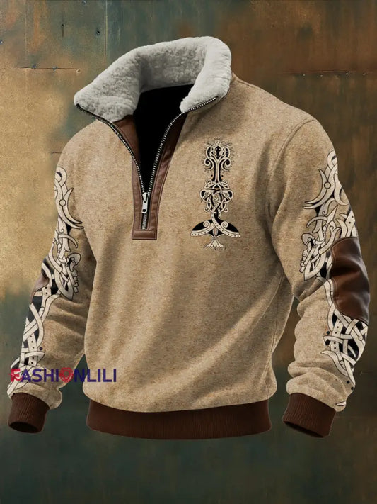 Men’s Viking Printed Long Sleeved Stand Up Collar Lambhair Zipper Top Khaki / S