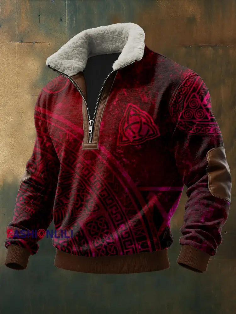 Men’s Viking Printed Long Sleeved Stand Up Collar Lambhair Zipper Top Red / S