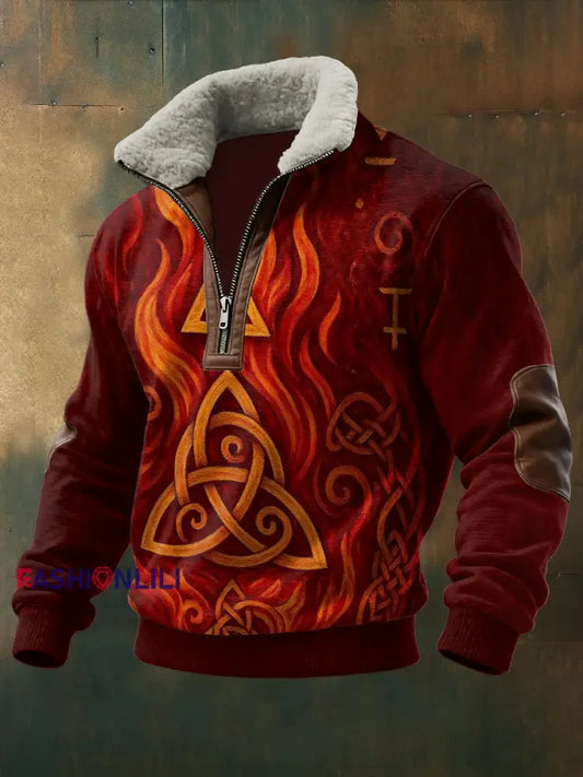 Men’s Viking Printed Long Sleeved Stand Up Collar Lambhair Zipper Top Red / S