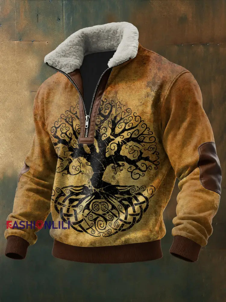 Men’s Viking Tree Printed Long Sleeved Stand Up Collar Lambhair Zipper Top Brown / S