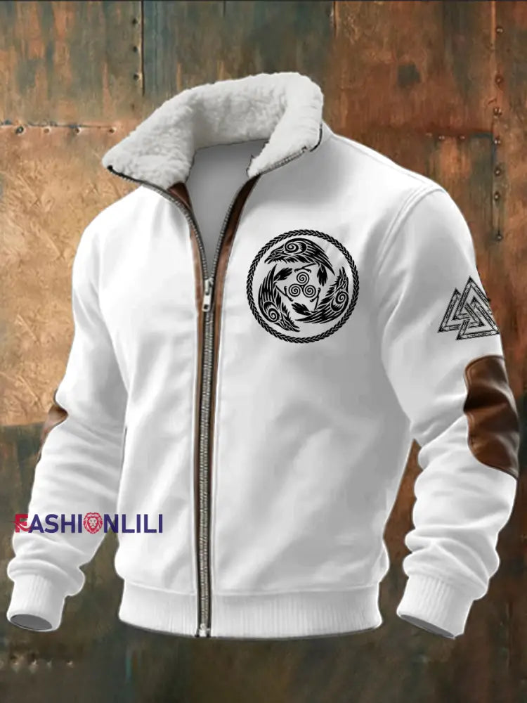 Men’s Viking Triangle Printed Long Sleeved Stand Up Collar Lambhair Zipper Top White / S