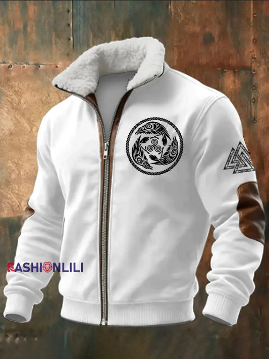 Men’s Viking Triangle Printed Long Sleeved Stand Up Collar Lambhair Zipper Top White / S