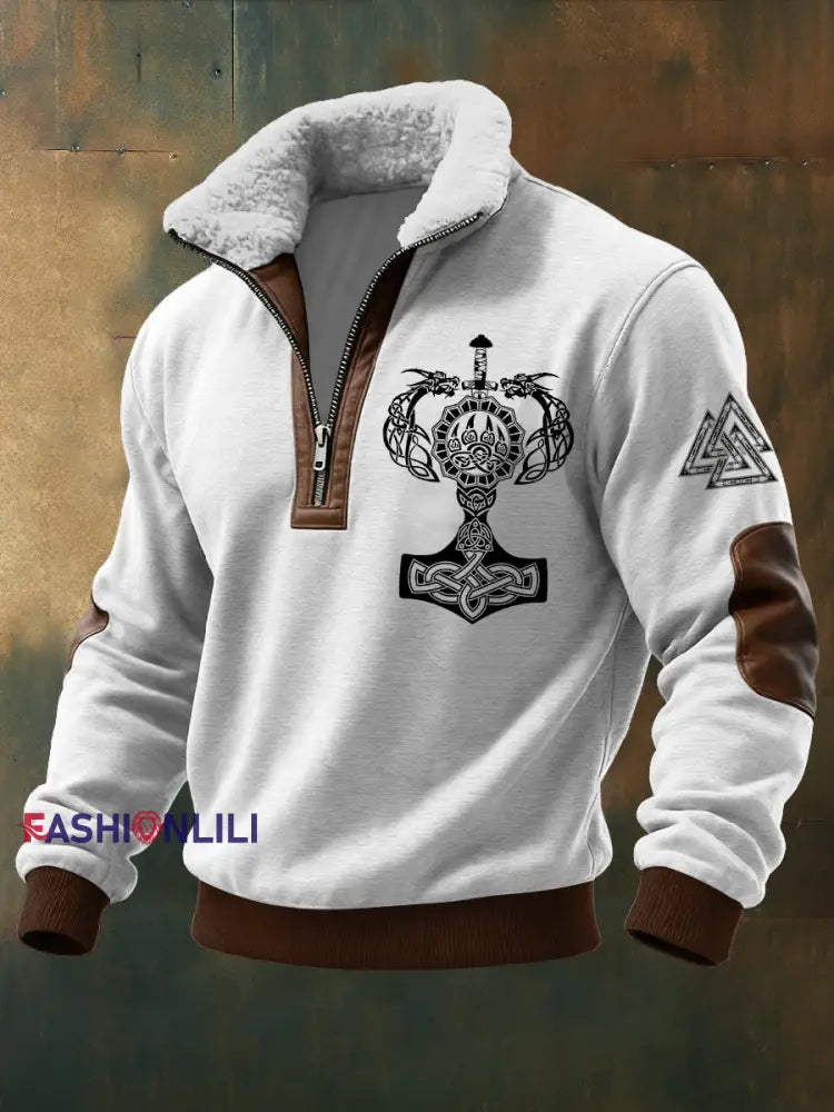 Men’s Viking Triangle Printed Long Sleeved Stand Up Collar Lambhair Zipper Top White / S